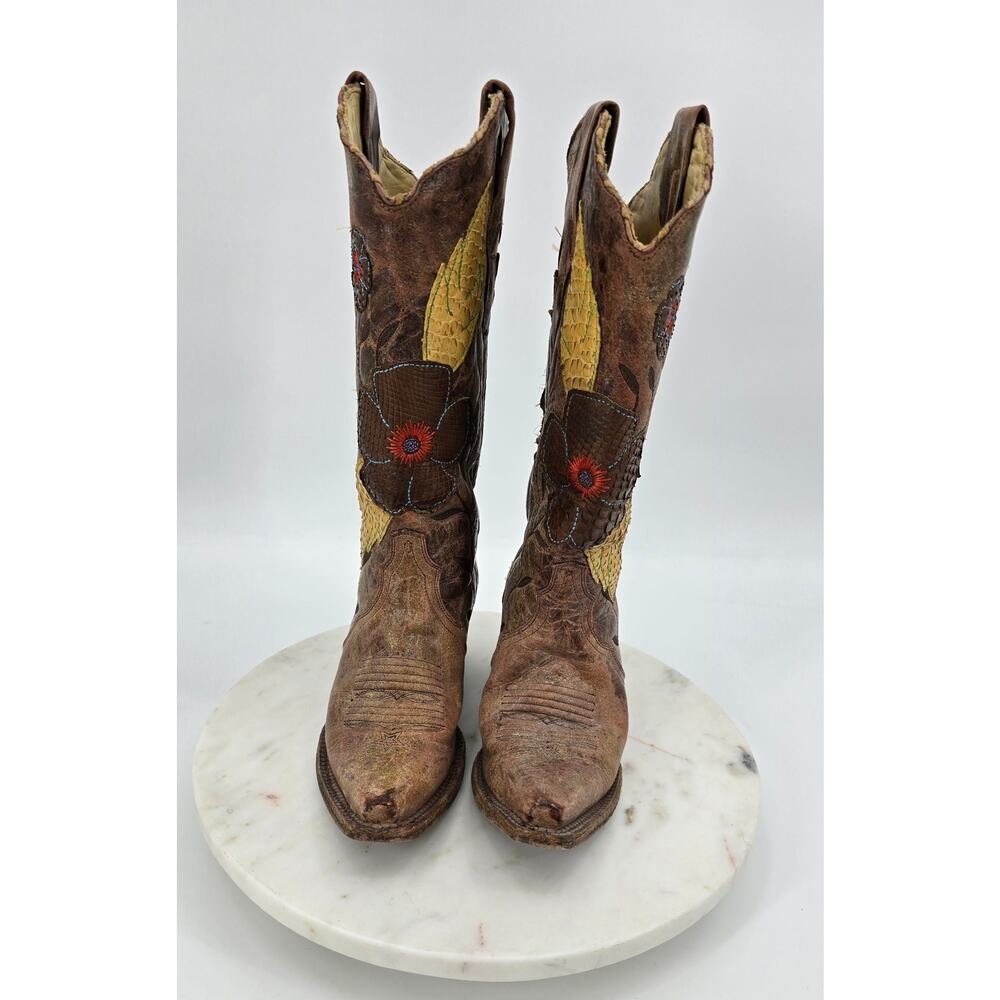 Corral Vintage Cognac Crater Daisy Inlay Cowboy Boots - Picture 2 of 9